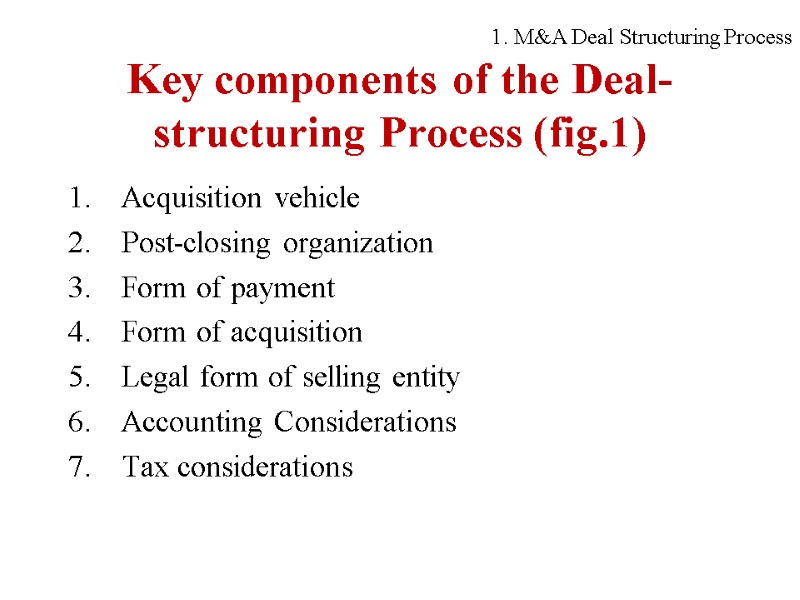 Key components of the Deal-structuring Process (fig.1) Acquisition vehicle Post-closing organization Form of payment